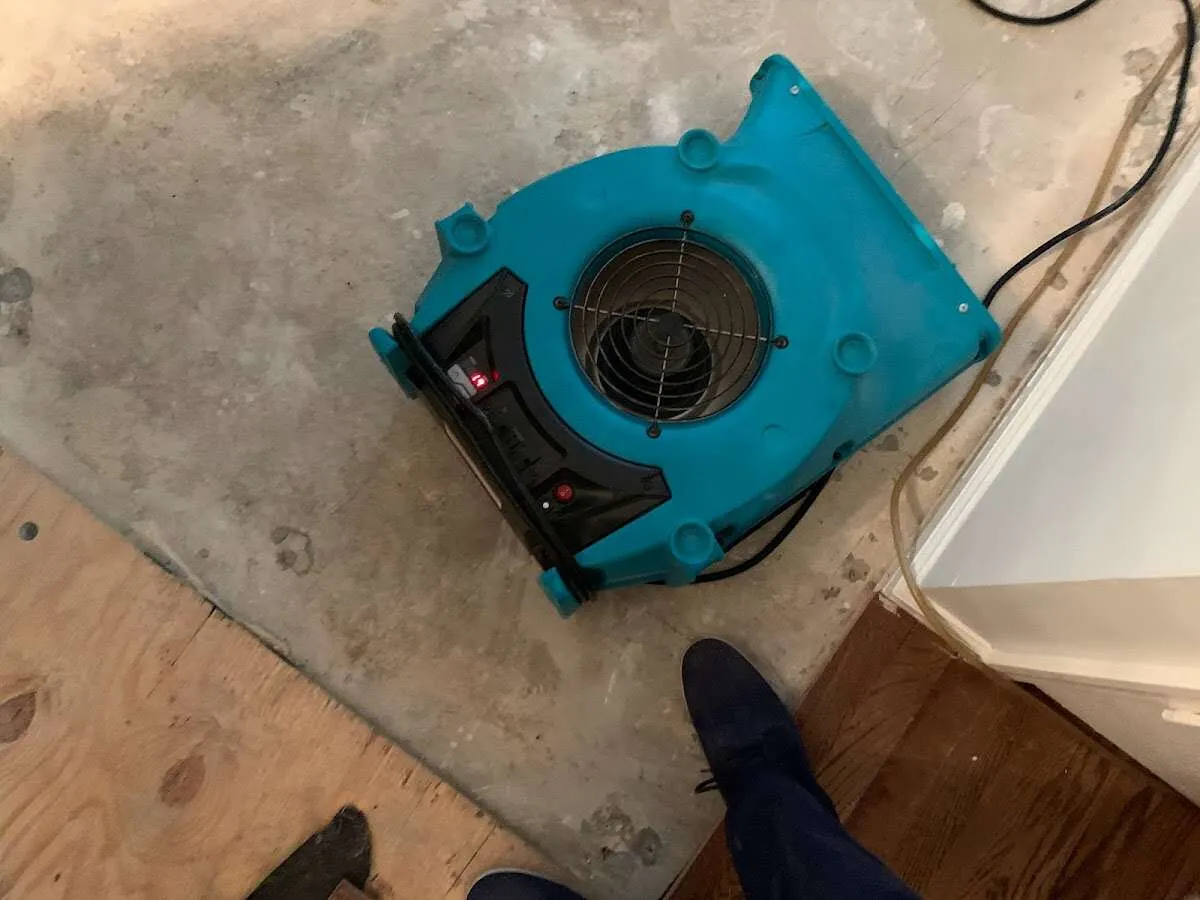 Air mover drying subfloor during Commercial Water Damage Restoration in Lowell
